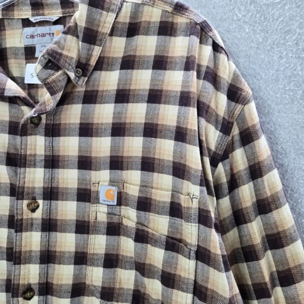 Carhartt Men Button Up Shirt 2XL Beige Plaid Flannel Relaxed‎ Fit Rugged Flex